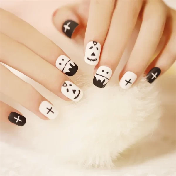 24pcs Artificial Acrylic Nail Art Fake Nails Full Coverage Removable Press on Nails Halloween Pumpkin Skull Moon False Nail Tip - Image 23