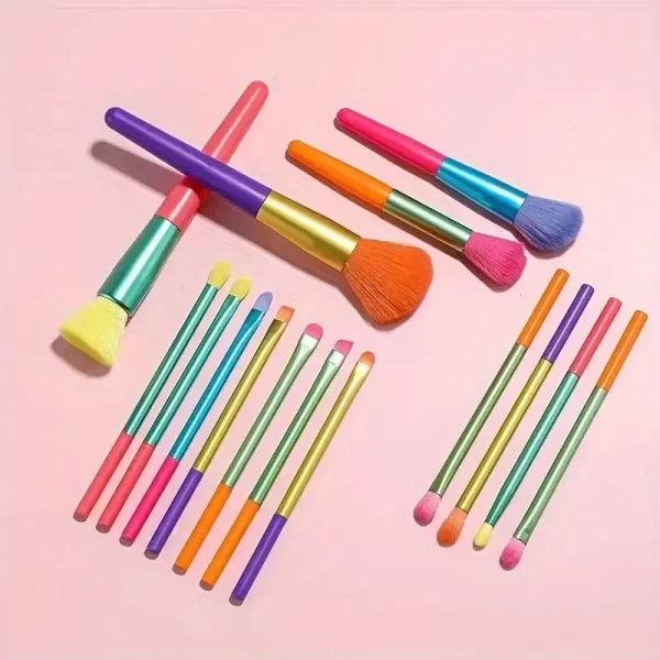15 PCs Rainbow Color High Quality Makeup Brush Set - Perfect for Eyeshadow, Foundation, and Cosmetic Tools - Image 5