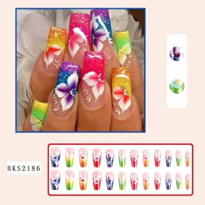 Floral Pattern Wearable Nails – Colorful Flower-Shaped Press-On Nail Tips for Fashionable Manicures