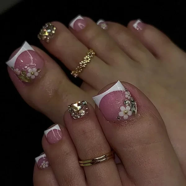Charms Butterfly Flowers Press on Nail Shiny Rhinestone Fake Toenails Summer Manicure French Toe False Art Nails Tips Detachable - Image 4