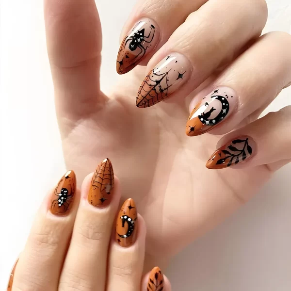 24Pcs Halloween False Nails with Almond Head Design Mid-length French Fake Nails Bat Wearable Oval Press on Nails Manicure Tools - Image 4