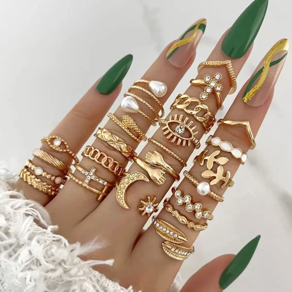 Silver Color Geometric Knuckle Rings Set For Women Eye Cross Sun And Moon Leaf Charm Finger Ring Female Boho Party Jewelry - Image 7