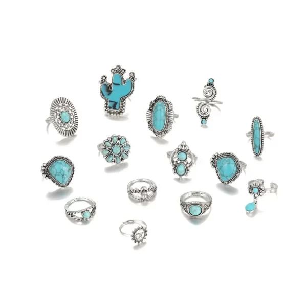 14pcs/set Bohemia Turquoise Geometric Rings Women Vintage Versatile Fashion Cactus Carving Nature Stone Ring Jewelry Sets New - Image 5