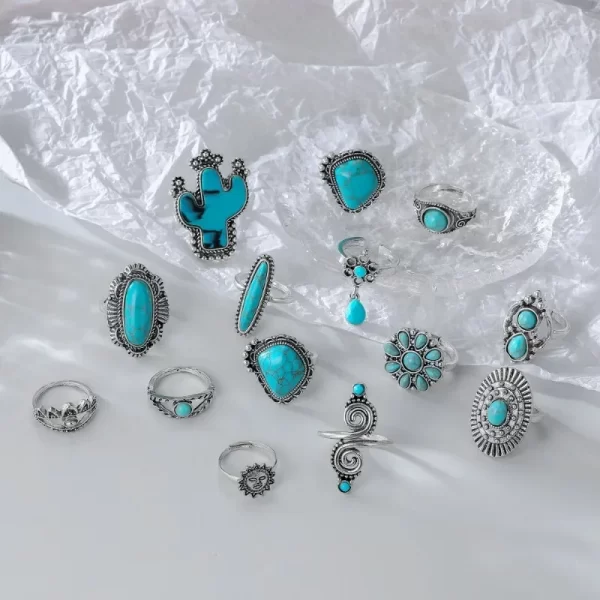 14pcs/set Bohemia Turquoise Geometric Rings Women Vintage Versatile Fashion Cactus Carving Nature Stone Ring Jewelry Sets New - Image 3