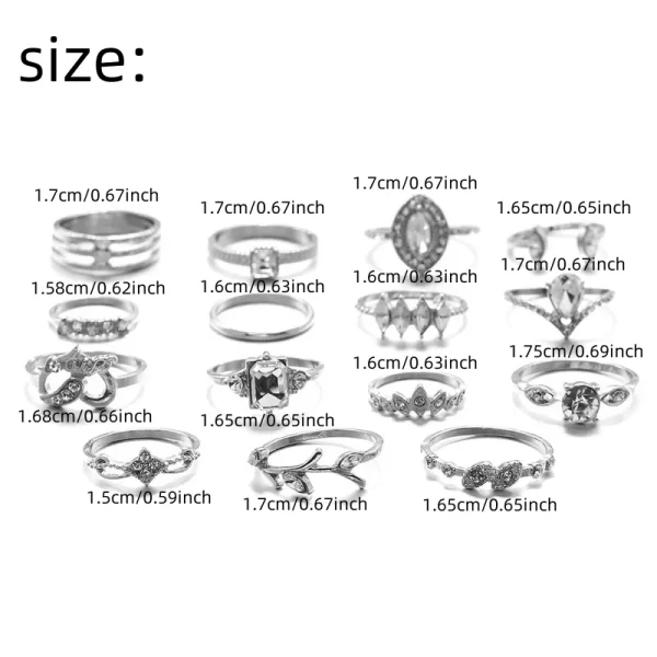 Delysia King 15pcs Bohemian Style Ladies Metal Joint Ring Set Leaves Fashion Crystal Water Droplets Rings - Image 6
