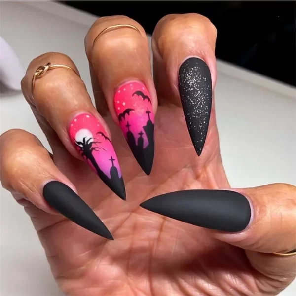 24pcs Artificial Acrylic Nail Art Fake Nails Full Coverage Removable Press on Nails Halloween Pumpkin Skull Moon False Nail Tip - Image 24