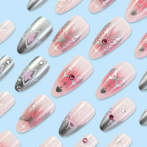 24pcs Spicy Girl Style Fake Nails 3D Sliver Bow Butterfly Decor False Nails Wearable Y2k Sliver Pink Almond Press on Nail Tips - Image 2
