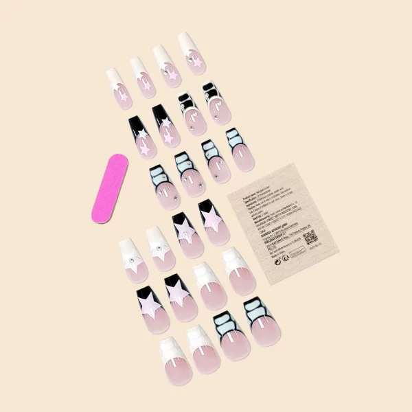 Women Girls Trend 24Pcs/Set Medium Ballet French Serpentine Star Diamond Full Coverage Wearable Fake Nail Press on Nail Art - Image 3