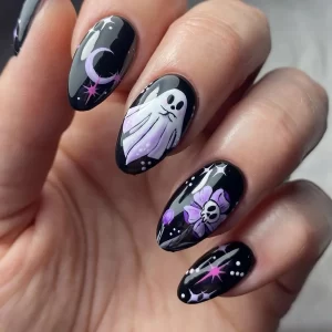 24pcs Halloween Fake Nails Spider Web Pumpkin Ghost Pattern Press on Nails for Girls Full Cover Wearable Almond False Nail Patch