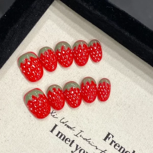 10Pcs 3D Strawberry Handmade Fake Nails Short Oval Red Polka Dot & Fruit Design False Nails Press On Nails for Women/Girls Wear - Image 2