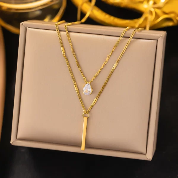 Double Layer Crystal Zircon Pendant Necklace For Women Female Vintage Stainless Steel Choker Chain Neck Wedding Jewelry Gift - Image 2