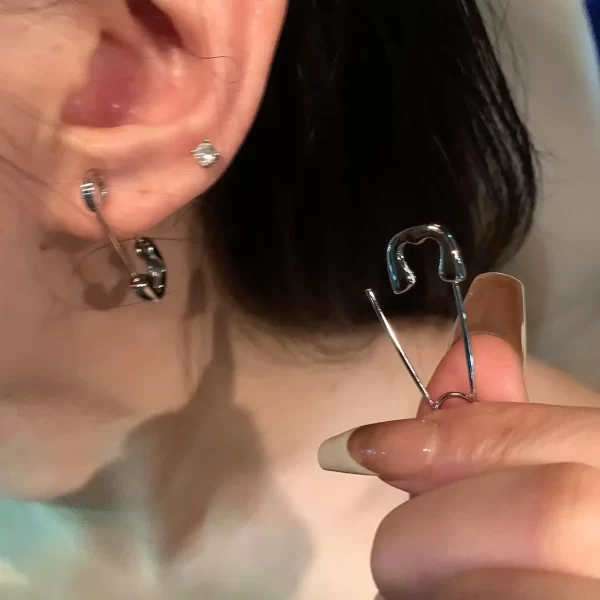 Korean Punk Rock Grunge Silver Color Metal Safety Pin Stud Earrings For Women Men 90s Aesthetic EMO Y2K Jewelry Accessories - Image 3
