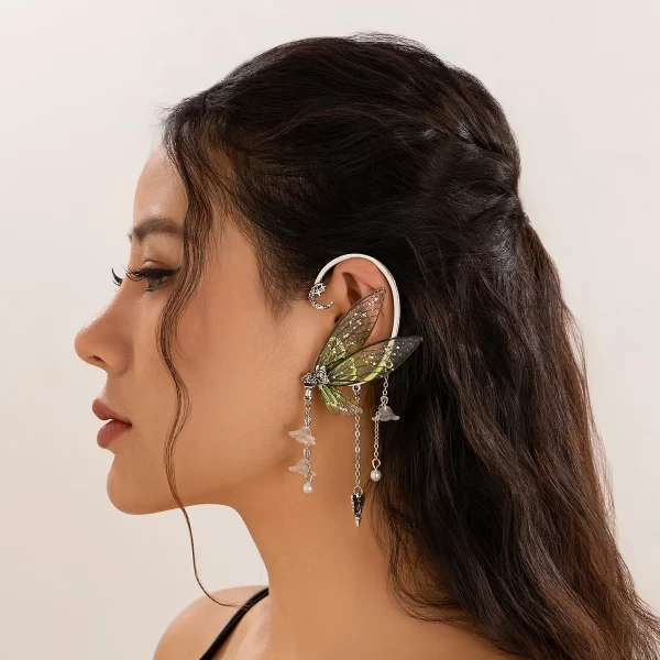 KunJoe Vintage Elf Butterfly Wings Ear Clips Earrings for Women Without Drilling 2024 Trend Flower Tassel Non Piercing Ear Cuff
