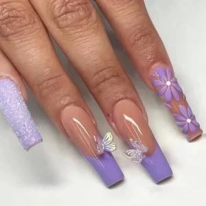 24Pcs Long Purple Ballet False Nails French with Butterfly Design Wearable Fake Nails Glitter Full Cover Press on Nails Tips Art