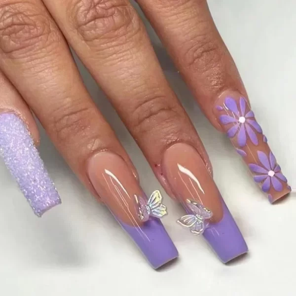 24Pcs Long Purple Ballet False Nails French with Butterfly Design Wearable Fake Nails Glitter Full Cover Press on Nails Tips Art
