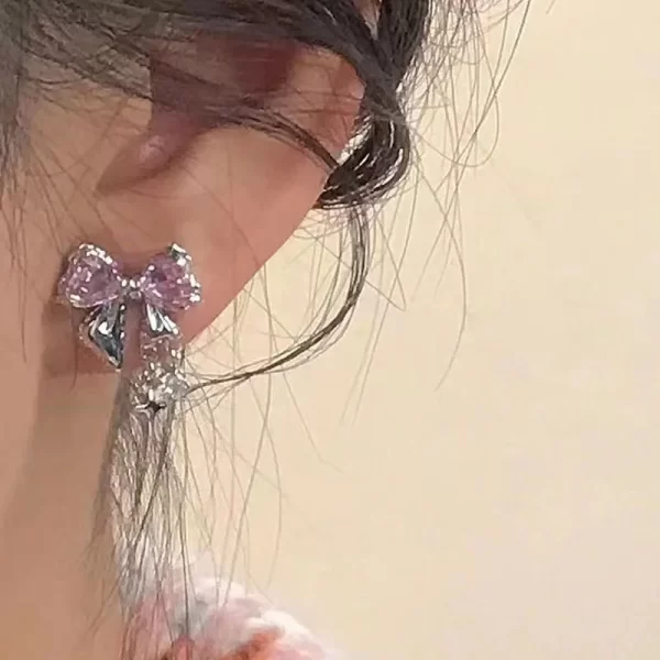 Y2K Bowknot Zircon Stud Earrings for Women Fashion Korean Silver Color Pink Crystal Personality Earring Girl Party Jewelry Gifts - Image 3