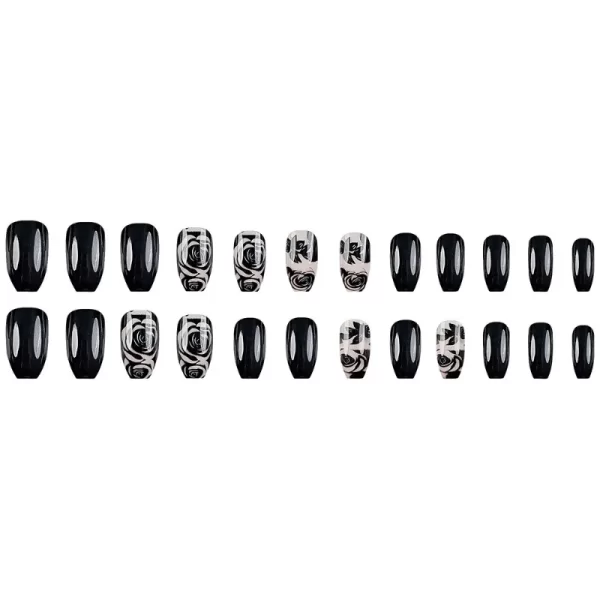 24pcs/ser Black Rose Flower Medium Square Press on Nails Decorated Acyrlic False Nail Art Fake Nails Set Finger Nails for Gluing - Image 5