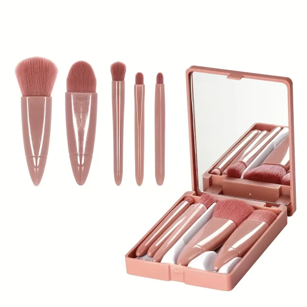 5 Piece Makeup Brush Set with Mirror Case, Travel Makeup Brush Portable Mini Multifunctional Makeup Brush Set Powder Brush - Image 7