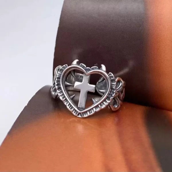 Gothic Death Cross Heart Ring For Women Man Fashion Punk Party Jewelry Accessories Gift Vintage Hollow Heart Adjustable Ring New - Image 4
