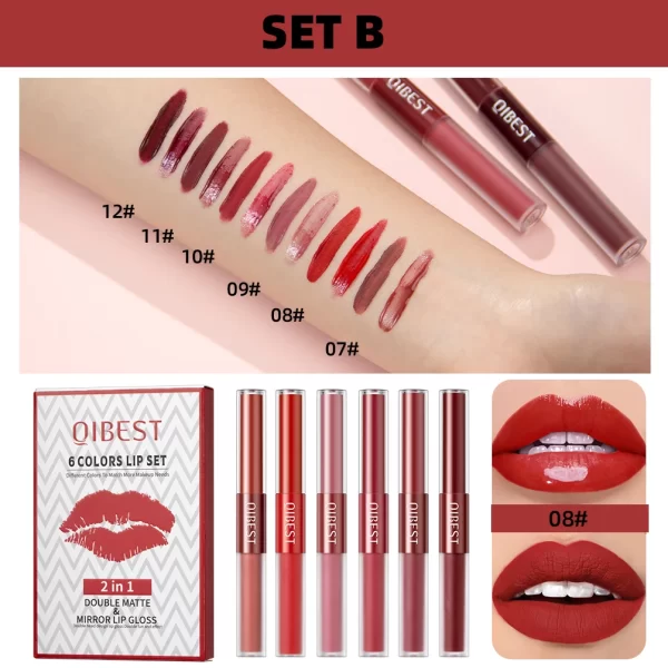 6 Colors Double-end Lipgloss And Matte Liquid Lipstick 2 In 1 Stick Long-lasting Mirror Lip Glaze Sexy Red Tint Lip Makeup Sets - Image 6