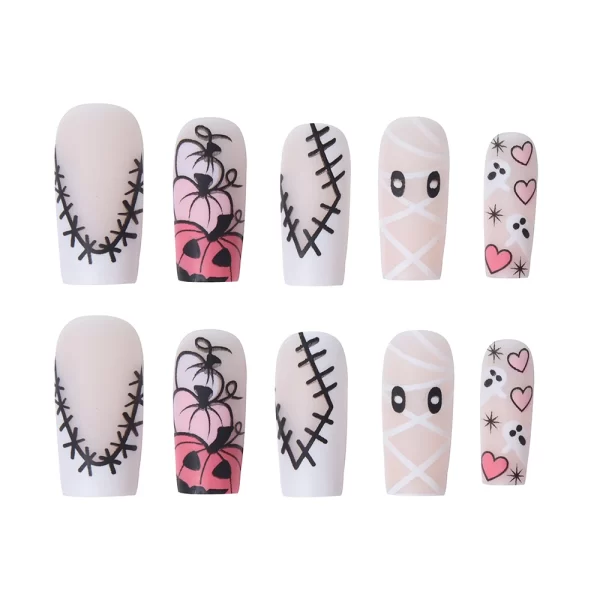 24pcs short and medium-sized fake nails, Halloween Scary Pumpkin Design Square Nail, press on nails,suitable for women and girls - Image 4