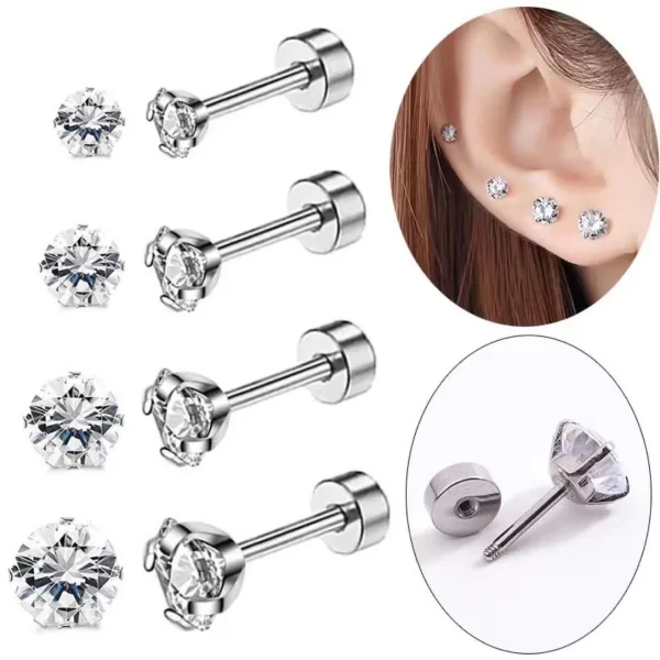 1Pairs Stainless Steel Crystal Studs Earrings For Women Men 4 Prong Tragus Round Clear Cubic Zirconia Piercing Earrings Jewelry - Image 2