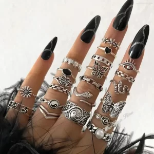 21pcs Set Punk Style Butterfly Heart Stainless Steel Ring and Tai Chi Design Multi-element Snake Rings Set Кольца Женские Кольцо