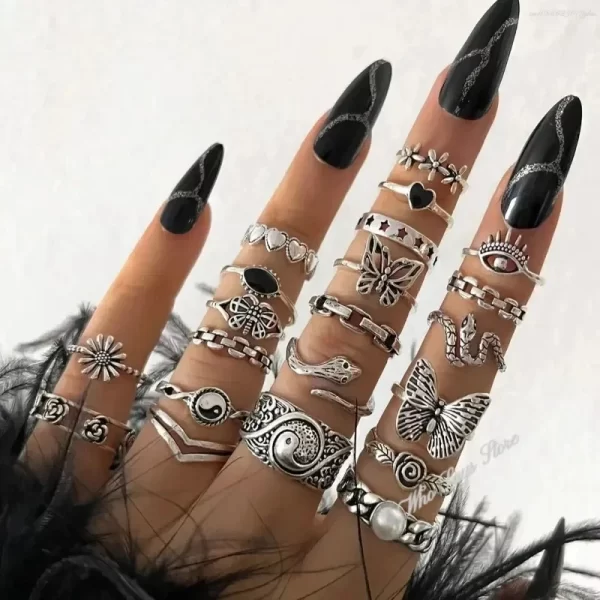 21pcs Set Punk Style Butterfly Heart Stainless Steel Ring and Tai Chi Design Multi-element Snake Rings Set Кольца Женские Кольцо