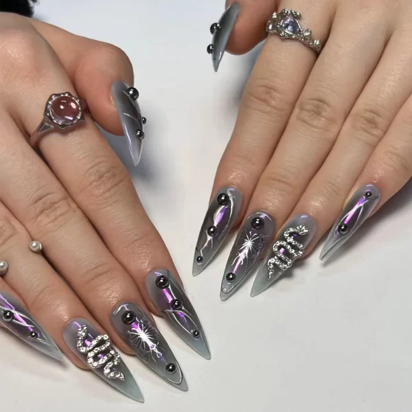 Wearable Y2k Cool False Nails Long Almond Tricolor Fake Nails Fashion Nail Tips Press On Round With Silver Stripes Beads Designs - Image 7