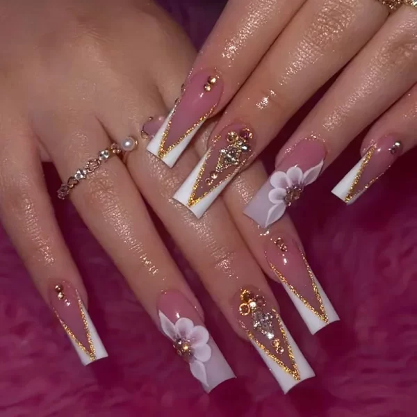 24Pcs Pink Butterfly Design False Nails Extra Long Coffin Fake Nails Wearable French Ballet Press on Nails Full Cover Nail Tips - Image 4