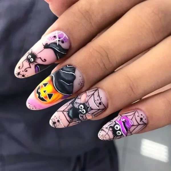 24pcs Matte Almond Press on Nails Pumpkin Bat Spider Halloween Fake Nail Patch Full Cover Wearable Halloween DIY False Nail Tips - Image 2