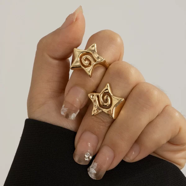 SHIXIN 2Pcs Design Three Dimensional Star Open Ring Set for Women Hip Hop Hollow Pentagrams Wide Finger Ring Girls Party Jewelry - Image 2