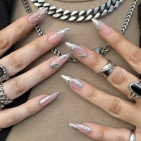 Wearable Y2k Cool False Nails Long Almond Tricolor Fake Nails Fashion Nail Tips Press On Round With Silver Stripes Beads Designs - Image 8