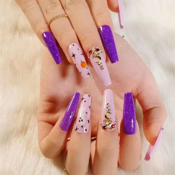 24pcs Artificial Acrylic Nail Art Fake Nails Full Coverage Removable Press on Nails Halloween Pumpkin Skull Moon False Nail Tip - Image 4