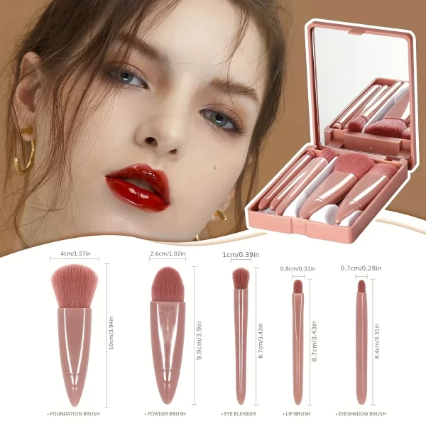 5 Piece Makeup Brush Set with Mirror Case, Travel Makeup Brush Portable Mini Multifunctional Makeup Brush Set Powder Brush - Image 2