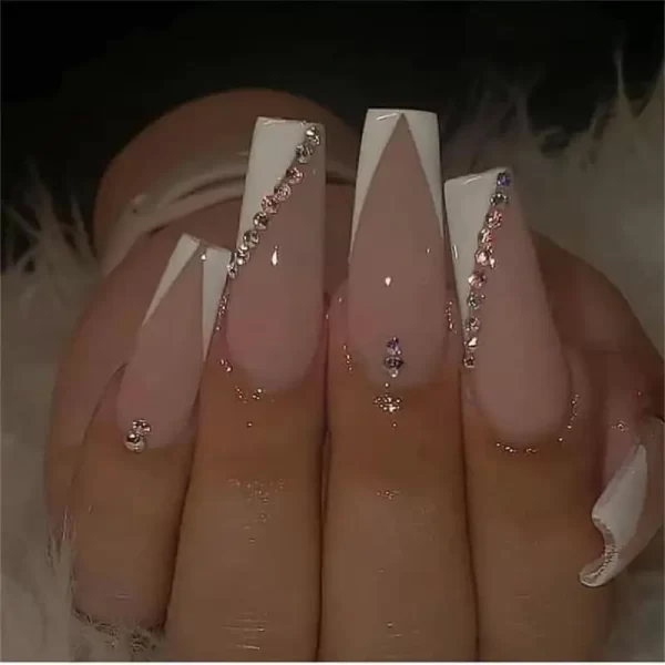 Long Ballet French Nail Art White Fake Nails Manicure Press On Nails False With Designs Artificial Wearing Reusable