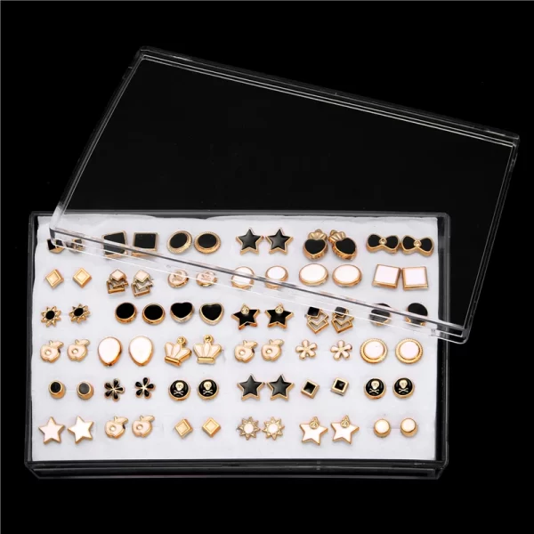18/36Pairs Colorful Rhinestone Hollow Heart Star Flower Animal Mix Style Moon Crown Small Plastic Stud Earrings Set For Women - Image 26