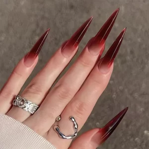 Wine Red Fake Nail Tips Long Pointed Head Glossy Press on Nails Wearable Full Cover INS Gradient Color False Nail Tips 24pcs