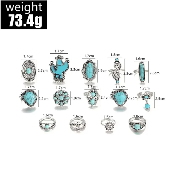 14pcs/set Bohemia Turquoise Geometric Rings Women Vintage Versatile Fashion Cactus Carving Nature Stone Ring Jewelry Sets New - Image 6