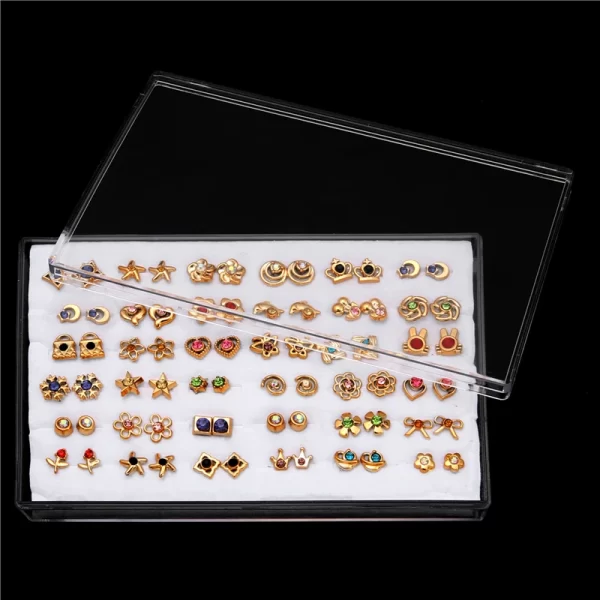 18/36Pairs Colorful Rhinestone Hollow Heart Star Flower Animal Mix Style Moon Crown Small Plastic Stud Earrings Set For Women - Image 27