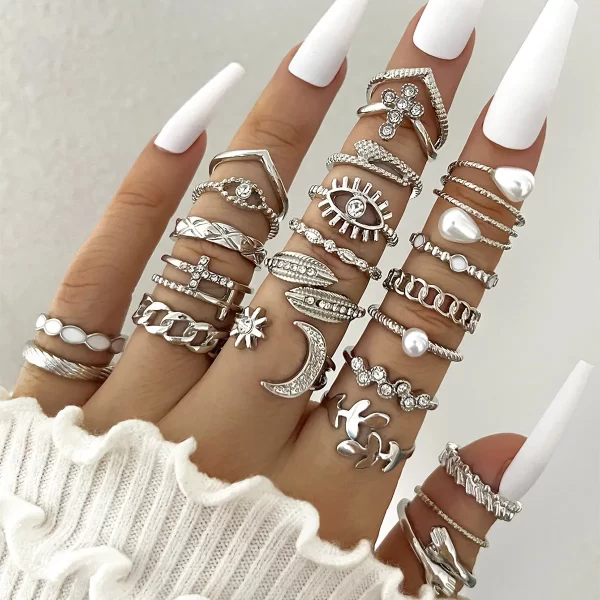 Silver Color Geometric Knuckle Rings Set For Women Eye Cross Sun And Moon Leaf Charm Finger Ring Female Boho Party Jewelry - Image 2