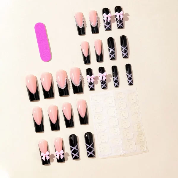 24pcs Long Water Pipe Fake Nails y2k Press On Nails Tips Wearable Black French False Nails Cross Bow Pearl Decoration Full Cover - Image 2