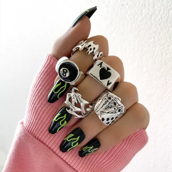 Vintage Gothic Heart Rings Set For Women Men Punk Playing Card Spades Geometric Hollow Butterfly Ring Retro Finger Ring Jewelry - Image 5