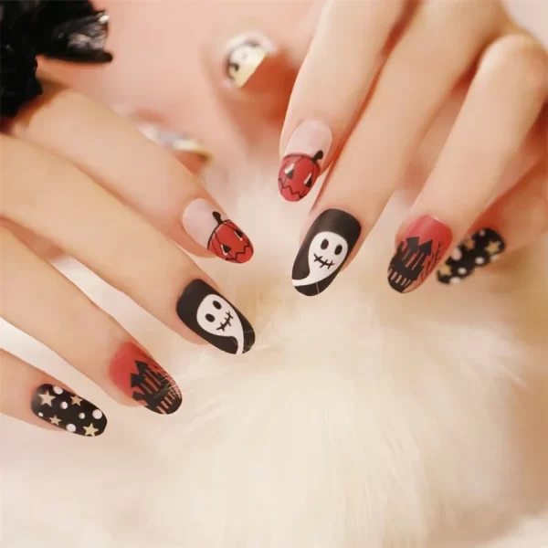 24pcs Artificial Acrylic Nail Art Fake Nails Full Coverage Removable Press on Nails Halloween Pumpkin Skull Moon False Nail Tip - Image 32