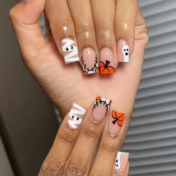 24pcs short and medium-sized fake nails, Halloween Scary Pumpkin Design Square Nail, press on nails,suitable for women and girls - Image 2