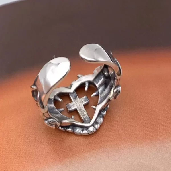Gothic Death Cross Heart Ring For Women Man Fashion Punk Party Jewelry Accessories Gift Vintage Hollow Heart Adjustable Ring New - Image 3