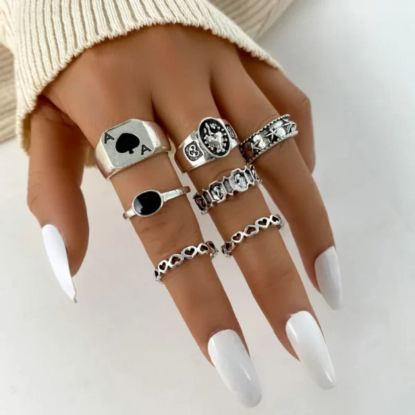 Vintage Gothic Heart Rings Set For Women Men Punk Playing Card Spades Geometric Hollow Butterfly Ring Retro Finger Ring Jewelry - Image 12