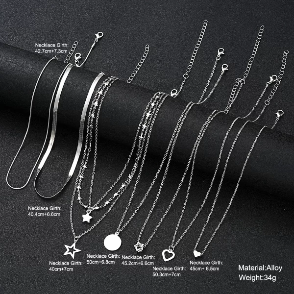 9 Pcs Simple Choker Necklaces for Women Fashion Love Heart Star Pendant Layered Necklace Jewelry Gift European and American 2024 - Image 6