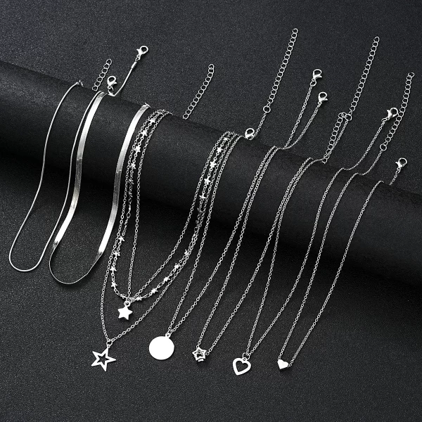 9 Pcs Simple Choker Necklaces for Women Fashion Love Heart Star Pendant Layered Necklace Jewelry Gift European and American 2024 - Image 2