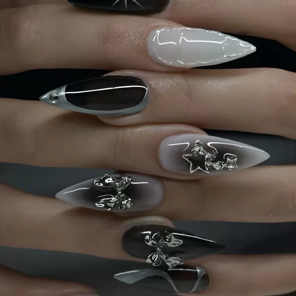 24pcs Spicy Girl Style Fake Nails 3D Sliver Bow Butterfly Decor False Nails Wearable Y2k Sliver Pink Almond Press on Nail Tips - Image 12